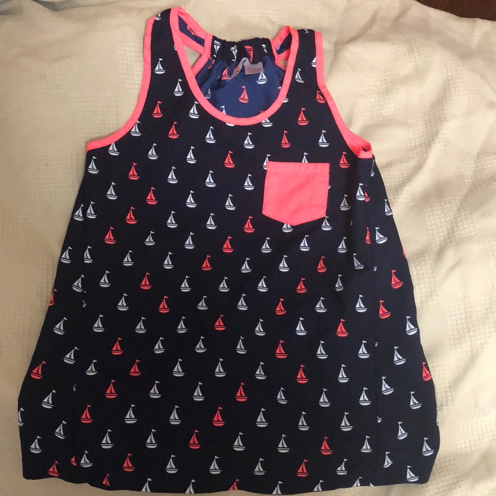 Girls Navy and Coral Sailboat Summer Tank Top